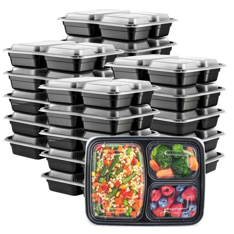 GUSTO [24 oz - 50 Count 3-Compartment Meal Prep Containers with Lids â€“ Reusable, Microwaveable, Dishwasher & Freezer Safe, BPA-Free Food Storage Boxes for Portion Control (Formerly Comfy Package) - Image 1